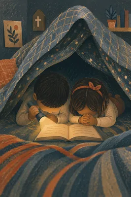 Siblings Praying Under Blanket Fort at Bedtime