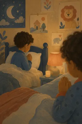 Siblings Sharing Bedtime Prayer in Warm Light