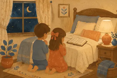 Siblings Praying at Bedtime Devotion