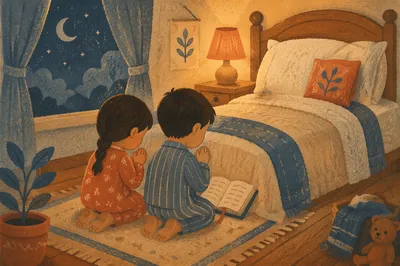 Siblings Praying Together at Bedtime