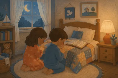 Siblings Praying Together at Bedtime
