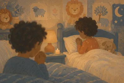 Siblings Praying at Bedtime Devotion