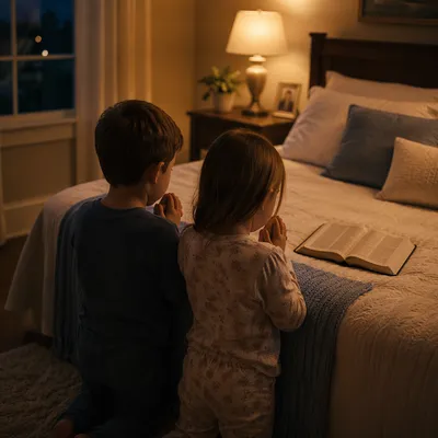 Siblings Praying Together at Bedtime