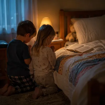 Siblings Praying Together at Bedtime