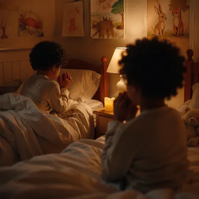 Siblings Sharing Bedtime Prayer in Warm Light