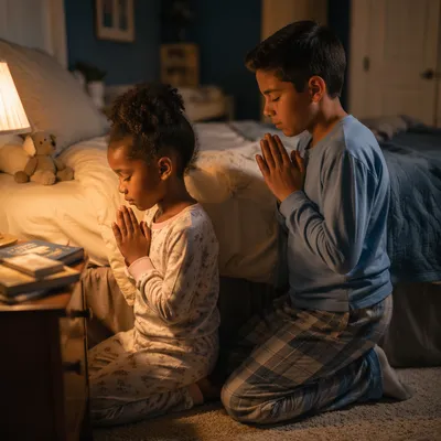 Siblings Praying Together at Bedtime
