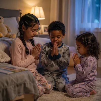 Three Siblings Praying at Bedtime
