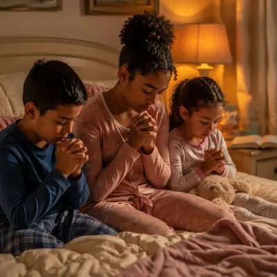 Siblings Praying Together at Bedtime
