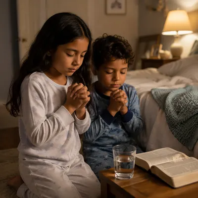 Siblings Praying Beside Bed at Night