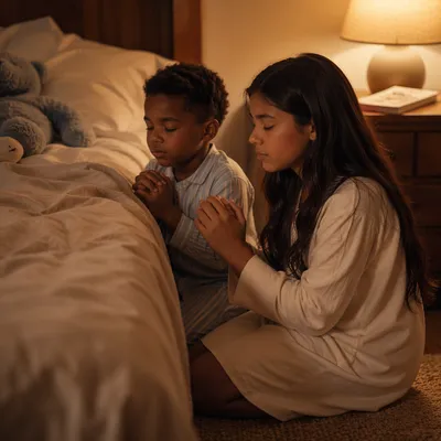 Two Siblings Praying Beside Bed
