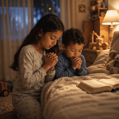 Siblings Praying Beside Bed at Night