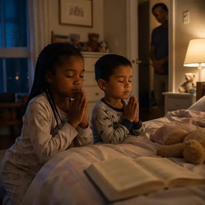 Two Siblings Praying at Bedside