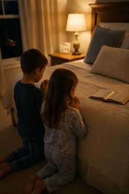 Siblings Praying Together at Bedtime