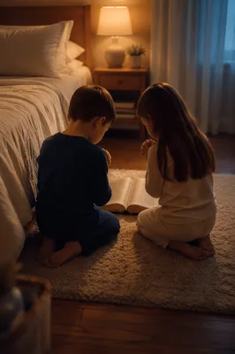 Siblings Praying Together at Bedtime