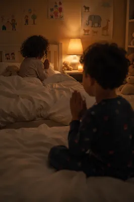 Siblings Praying During Bedtime Devotion