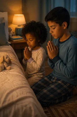 Siblings Praying Together at Bedtime