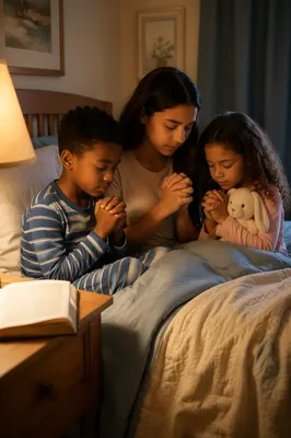 Siblings Praying Together at Bedtime