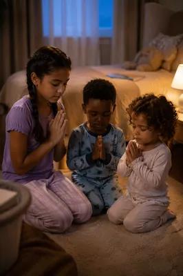 Siblings Praying Together at Bedtime