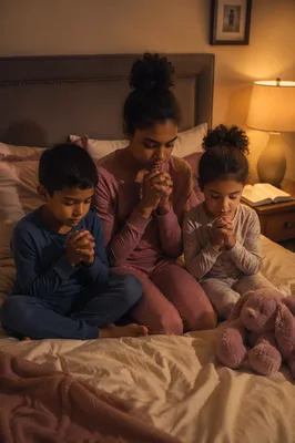 Siblings Praying Together at Bedtime