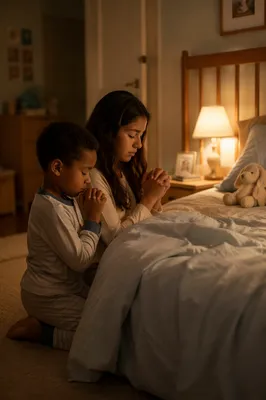 Two Siblings Praying Beside Bed