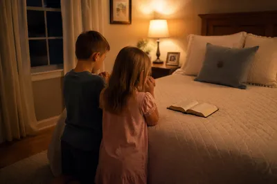 Siblings Praying Together at Bedtime