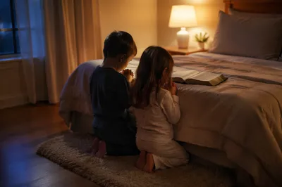 Siblings Praying Together at Bedtime