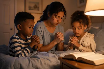 Three Siblings Praying at Bedtime