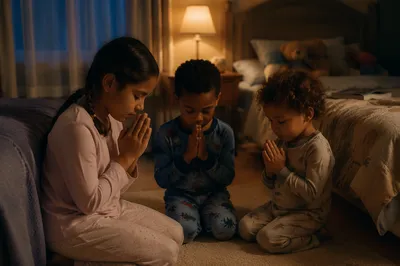 Three Siblings Praying at Bedtime