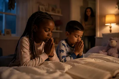 Siblings Praying Beside Bed at Night