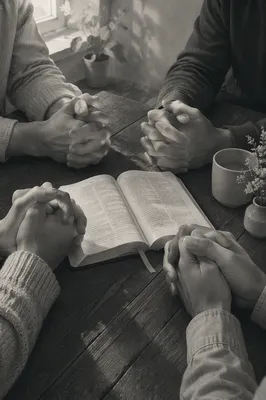 Adult Hands in Prayer Around Book