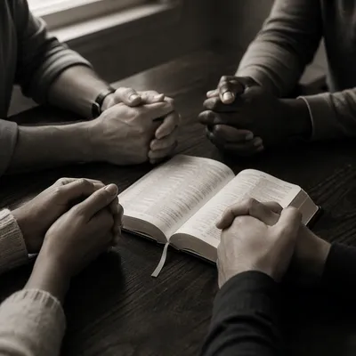 Adult Hands in Prayer Around Book