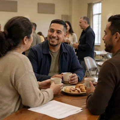 Adult Fellowship Gathering Around Wooden Table