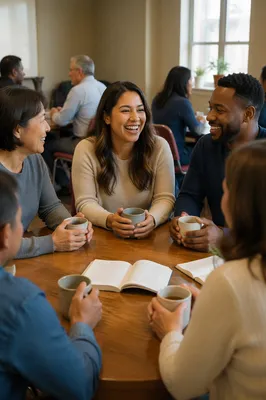 Diverse Adults Laughing Around Wooden Table