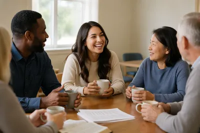 Diverse Adults Laughing Around Meeting Table