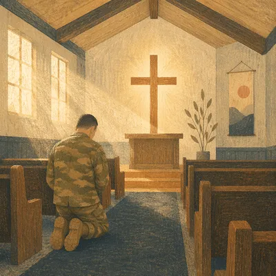 Soldier Kneeling in Quiet Chapel Prayer