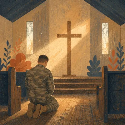 Soldier Kneeling in Prayer at Chapel