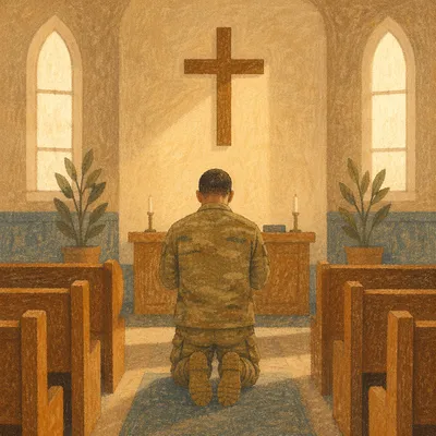 Soldier Kneeling in Military Chapel Prayer