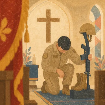 Soldier Kneeling in Prayer by Chapel Cross