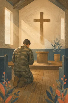 Soldier Kneeling in Dawn Chapel Prayer
