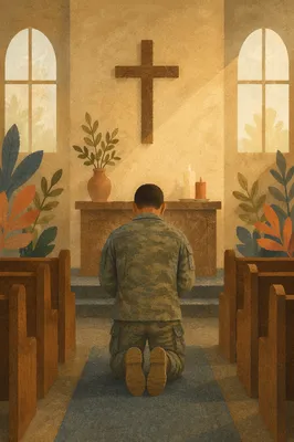 Soldier Kneeling in Military Chapel Prayer