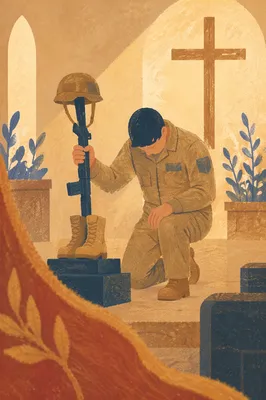 Soldier Kneeling in Prayer Beside Chapel Cross