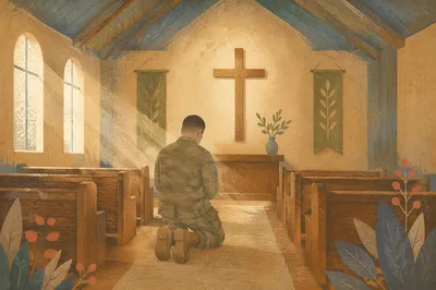 Soldier Kneeling in Military Chapel Prayer