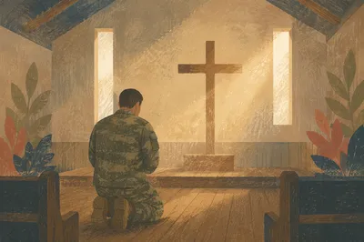 Soldier Kneeling in Prayer at Chapel