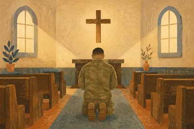 Soldier Kneeling in Military Chapel Prayer