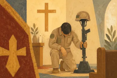 Soldier Kneeling in Prayer by Chapel Cross