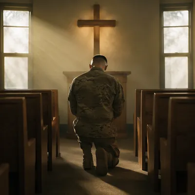 Soldier Kneeling in Quiet Chapel Prayer