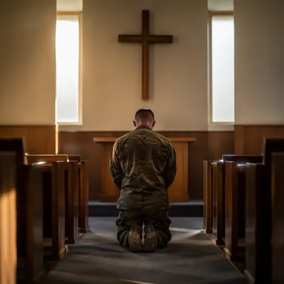 Soldier Kneeling in Military Chapel Prayer