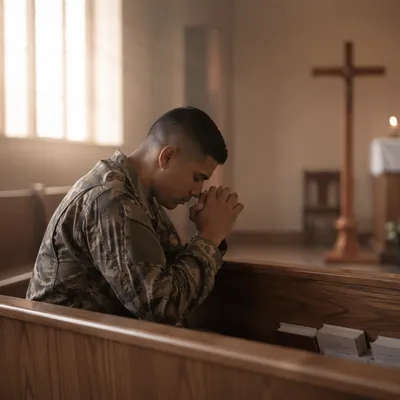 Soldier Kneeling in Prayer at Chapel Dawn