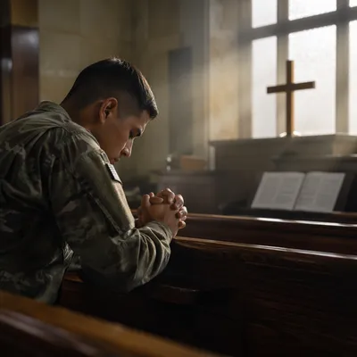 Soldier Kneeling in Quiet Chapel at Dawn