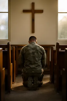 Soldier Kneeling in Prayer Before Chapel Cross